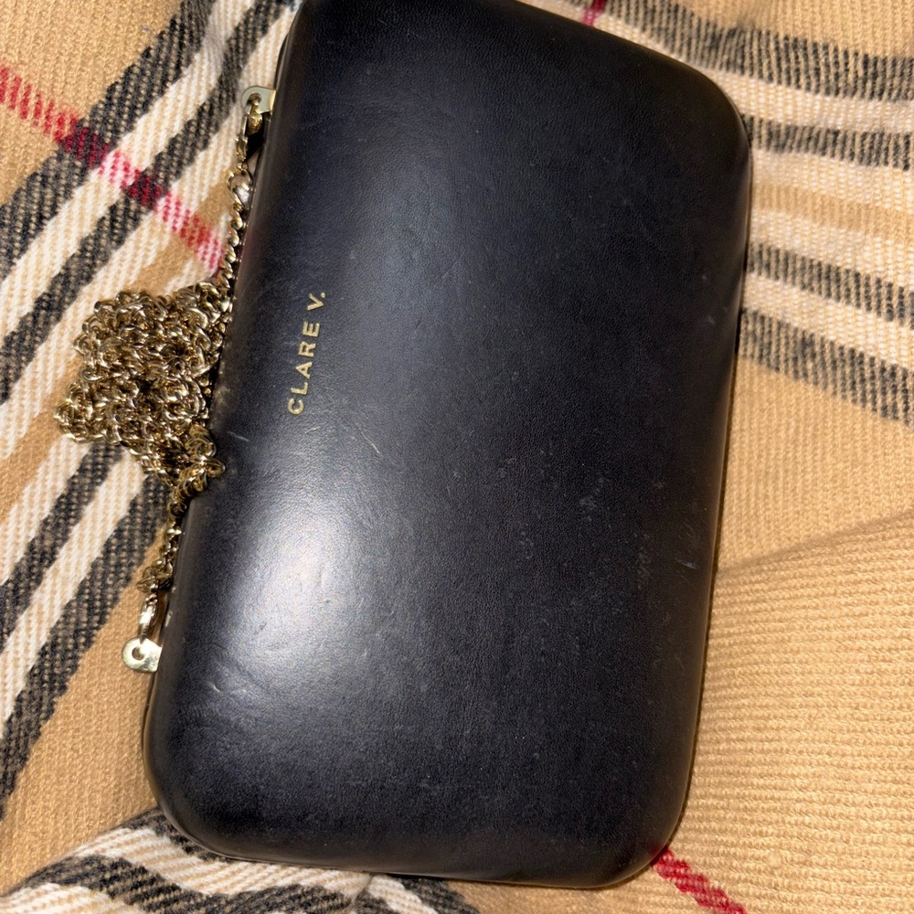 Clare V Black Leather Clutch with Gold Chain
